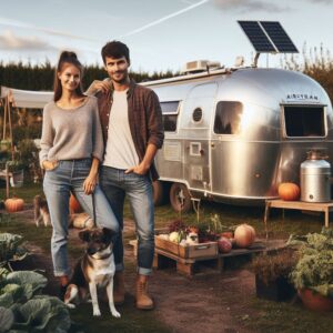 Real-Life Examples of Homesteader Trailer Usage. Man Woman and Dog in from of trailer