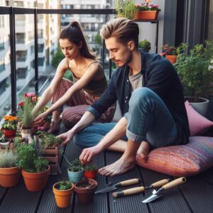 Man and Woman Setting Up Container Gardens
