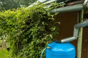 Install a Rainwater Collection System Blue water container collecting water from gutter system