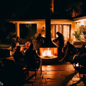 People around a patio fireplace at night