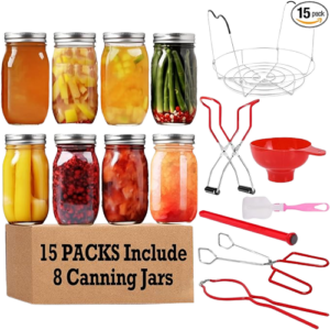 Canning Jars with Lids, Canning Kit Canning Supplies Starter Kit with 8pc Regular Mouth 16oz Glass Mason Jar