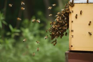 Bees Swarming Near a Beehive